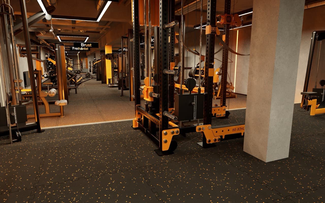 Visualisierung des Trainingsbereichs mit Racks, Freihantel- und Brustgeräten