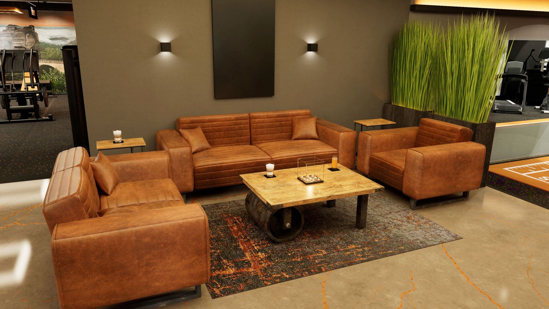 Visualisierung der Lounge mit Ledersofas